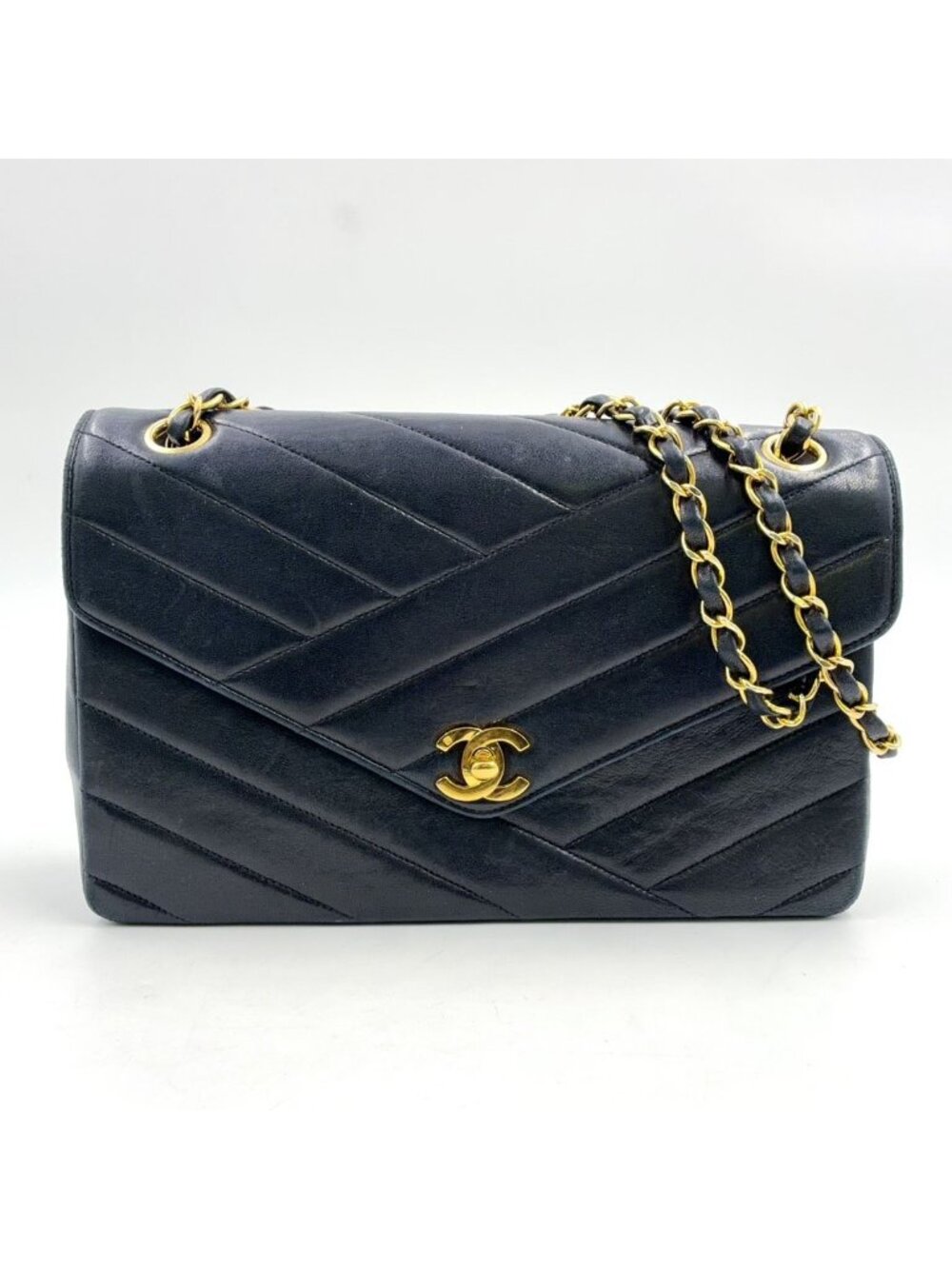 Chanel Bias Stitch Lambskin Black Chain Shoulder Bag Gold